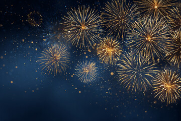 Golden fireworks illuminate the night sky with a celebratory explosion of light and color