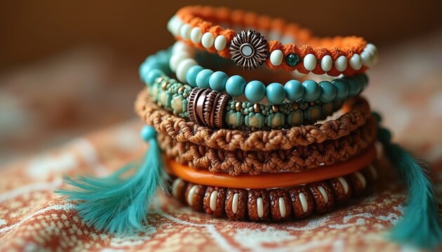 Colorful stacked bracelets feature orange, turquoise, brown beads, intricate macrame patterns, feather tassels. Boho style fashion accessories displayed on textured fabric show handcrafted jewelry.