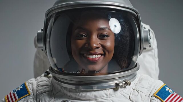 Person in astronaut suit smiling with helmet visor open showing face close up studio portrait