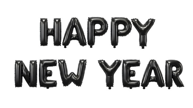 Happy new year silver foil balloon letters on black background