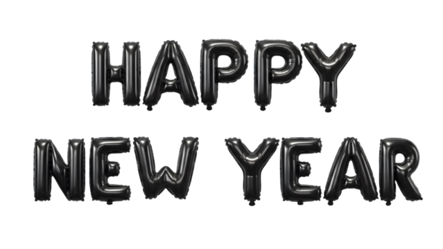 Happy new year silver foil balloon letters on black background