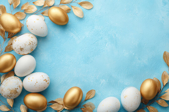Golden and white easter eggs with decorative golden leaves on a textured blue background
