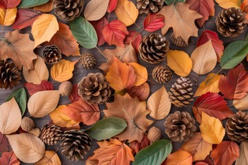 Colorful Autumn Leaves and Pinecones on Wooden Background