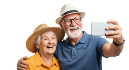 Elderly caucasian couple, late 70s, laughing genuinely while taking a smartphone selfie, isolated on a transparent background with copy space. Concept of active senior joy