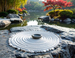 Serene Japanese Zen Garden with Raked Sand and Reflective Pond Landscape Capturing Peace
