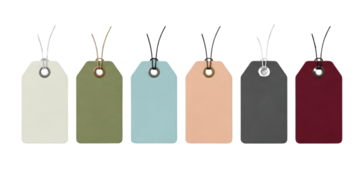 Isolated set of six blank vector tags with strings in retro, muted, pastel color palette
