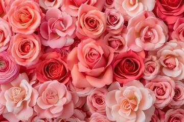 Fototapeta premium Colorful Assortment of Soft Pink and Coral Roses in Full Bloom
