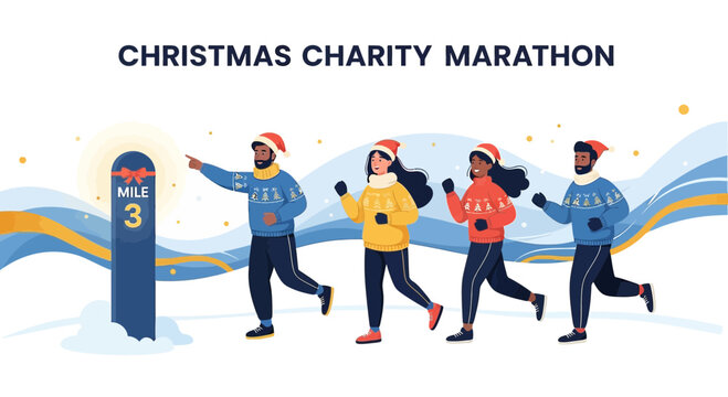 Festive runners in winter charity race with santa hats and sweaters marathon event