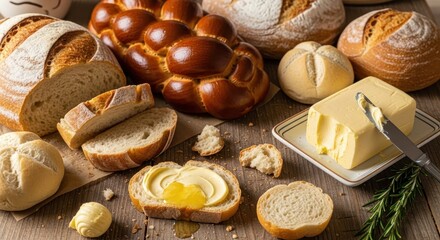 Artisanal breads and butter composition displaying a rustic and appetizing culinary arrangement