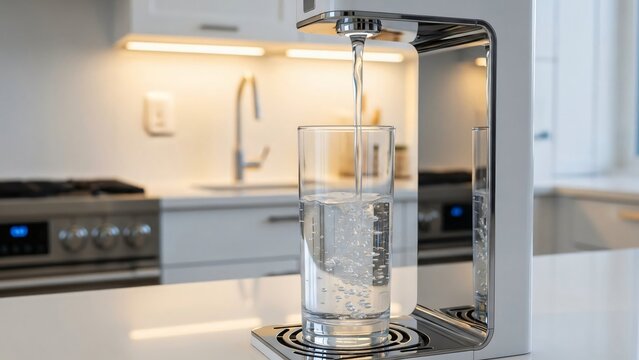 Water Filter Dispensing Clean Hydration Showing Purity, Clarity, and Pristine Flow in Modern Kitchen