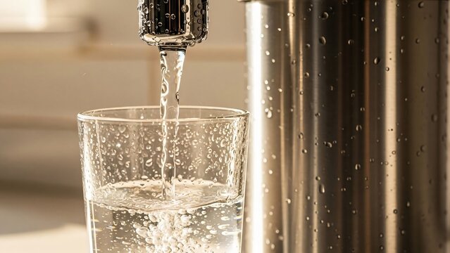 Close Up Photo of a Modern Kitchen Water Filter Dispensing Clear Purified Water Into a Glass, With Droplets Sparkling Under Bright Lighting