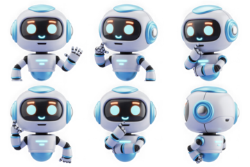 Cute robot character set isolated on white background, various poses isolated on transparent background