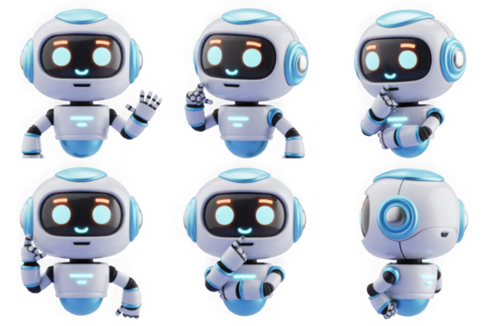 Cute robot character set isolated on white background, various poses isolated on transparent background