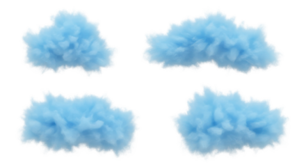 Set of Four Blue Fluffy Clouds Isolated on White. Realistic 3D Render Graphic Asset.