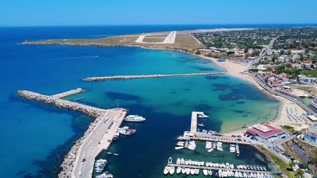 Aerial View of a Beautiful Coastal Landscape With Harbor and Beach in Daytime. Terrasini, Sicily, Italy