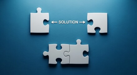 Two separate puzzle pieces connected by an arrow labeled solution above two connected pieces