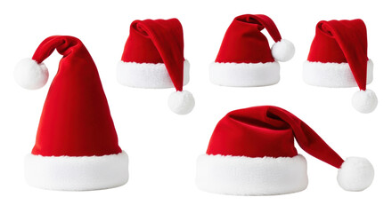 Five rich red velvet santa hats with thick white faux fur trim, isolated on a transparent background with ample copy space, high-quality studio shot, concept for christmas holiday advertising