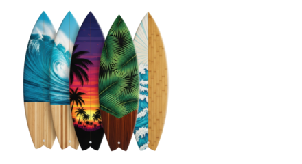 Four unique, brightly designed surfboards (wave, sunset, fronds, bamboo) standing upright in a fanned row on a transparent studio background with copy space, concept for commercial product