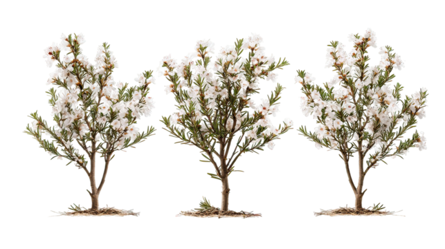 Three flowering winter rosemary trees with tiny blossoms aligned side by side on transparent background