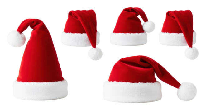 Five rich red velvet santa hats with thick white faux fur trim, isolated on a transparent background with ample copy space, high-quality studio shot, concept for christmas holiday advertising