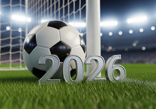 Soccer ball and 2026 numbers on a stadium field at night