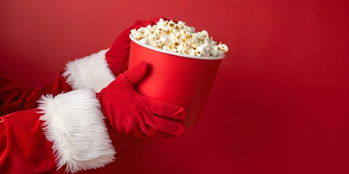 Santa Claus hand holding popcorn bucket against red background showing festive holiday snack, Christmas treat, cheerful celebration theme