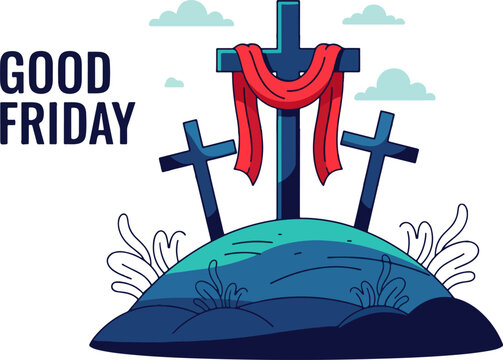 Flat vector illustration of three crosses on a hill, representing Good Friday - Powered by Adobe