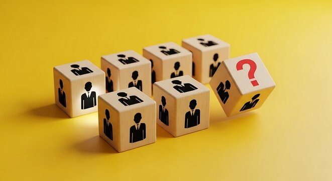 Wooden blocks with silhouette icons representing people and one block showing a question mark on a yellow background