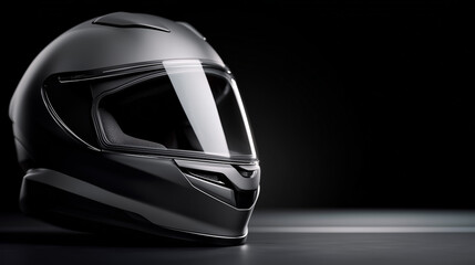 Fototapeta premium Premium motorcycle helmet with clear visor on black background. Modern protective gear featuring sleek silver design, aerodynamic shape and safety equipment for professional racing and riding.