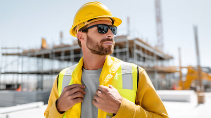 Construction worker in yellow safety helmet, reflective vest and sunglasses at building site. Professional builder wearing protective equipment for secure work environment and career development.
