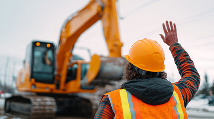 Construction worker in safety vest and hardhat directing excavator with hand signals on building site. Professional giving clear instructions to heavy machinery operator. Workplace safety protocol.