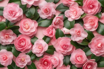 Fototapeta premium Beautiful Pink Camellia Flowers Surrounded by Lush Green Leaves