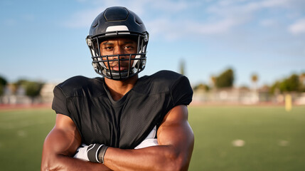 Naklejka premium American football player in protective helmet and shoulder pads with arms crossed on field. Confident athlete wearing safety gear during training. Sports equipment portrait in natural daylight.