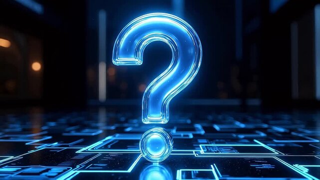 Glowing blue question mark on circuit board