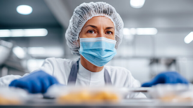 Food industry worker in protective gear inspecting products on sterile production line. Professional wearing hairnet, mask, gloves and apron at clean manufacturing facility. HACCP hygiene standards.