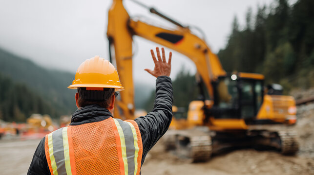 Construction worker in safety vest and hardhat directing excavator with hand signals. Professional giving stop gesture to heavy machinery operator. Workplace safety communication on building site.