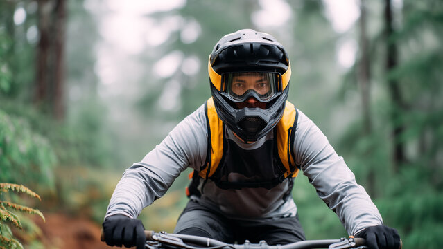Mountain biker in full-face helmet and protective gear riding through forest trail. Cyclist wearing safety equipment on downhill bike in nature. Extreme outdoor sports and adventure recreation.