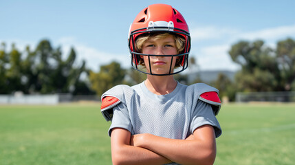 Young American football player in protective gear on field. Boy wearing red helmet, shoulder pads and uniform, youth sports safety equipment, confident portrait, gridiron football training practice.