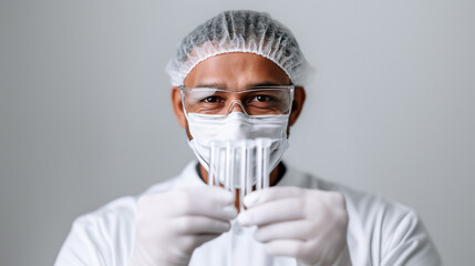 Laboratory worker in protective gear holding test tubes with barcode labels. Medical professional wearing safety goggles, mask, hairnet. Pharmaceutical research, clinical testing, sterile concept.