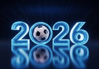 Futuristic 2026 with soccer ball glowing blue