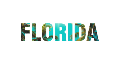 Bold uppercase "florida" text with vintage double exposure of green palm trees and turquoise sky, isolated on a transparent background with ample copy space. Concept for nostalgic tourism advertising