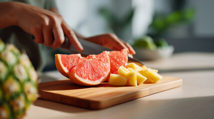 Fresh grapefruit and pineapple slices on wooden cutting board. Hands preparing healthy fruit breakfast, vitamin-rich citrus, tropical food, clean eating, kitchen preparation, nutritious ingredients.