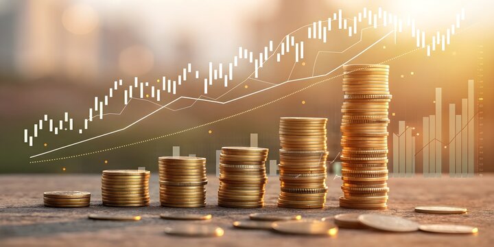 Golden coin stacks with rising financial graph showing investment growth, wealth increase, stock market success, economic upward trend
