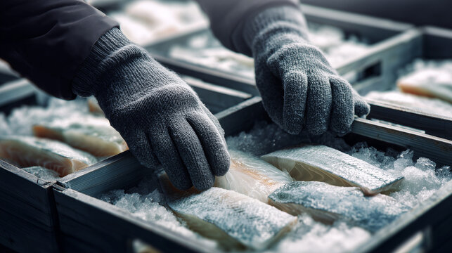 Worker in protective gloves handling frozen fish fillets in storage container. Hands sorting seafood in industrial cold facility. Food processing and quality control in commercial fishery operation.