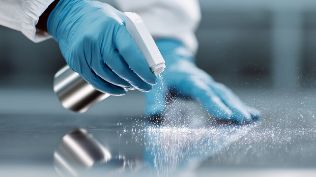 Disinfectant powder application on industrial surface by gloved hand. Professional sanitation, chemical cleaning agent, hygiene protocol. Laboratory grade sterilization, contamination control concept.