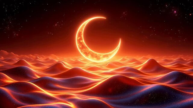 Crescent moon over glowing undulating terrain