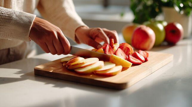 Woman slicing fresh apples, strawberries on wooden cutting board. Hands preparing healthy fruit breakfast, vitamin-rich food, clean eating, kitchen preparation, nutritious ingredients, home cooking.