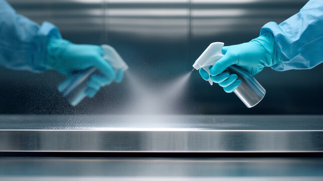 Disinfection spray application on industrial conveyor surface by workers in protective gloves. Professional sanitation, hygiene protocol, sterile environment. Food safety, chemical cleaning concept.