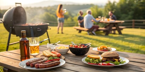 Summer outdoor barbecue picnic scene with grilled food, drinks, friends gathering, outdoor cooking, backyard meal setting