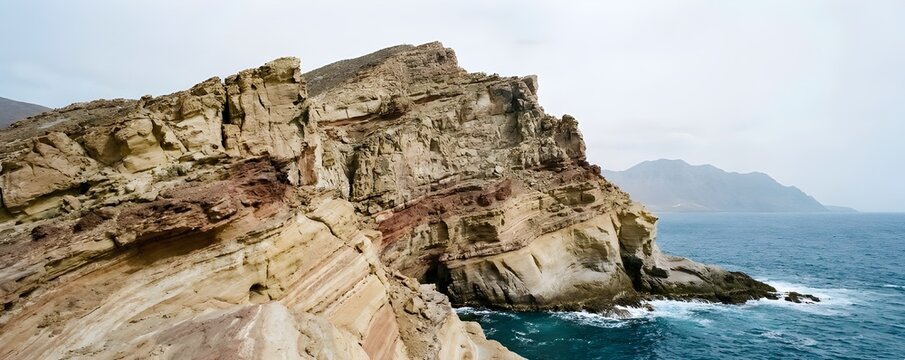 Dramatic rocky cliffs meet the turbulent ocean under a cloudy sky - Powered by Adobe